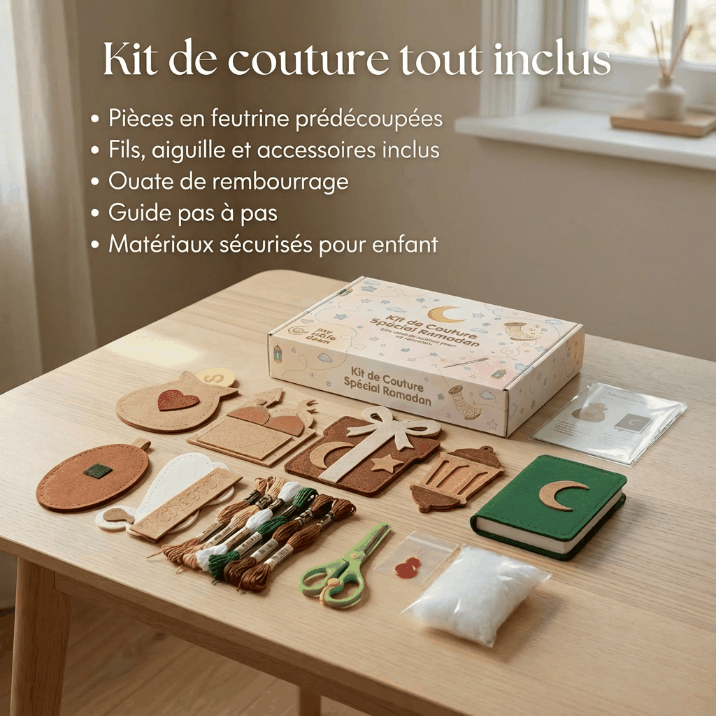 Contenu du kit de couture ramadan : feutrine, fils, aiguille, accessoires et guide
