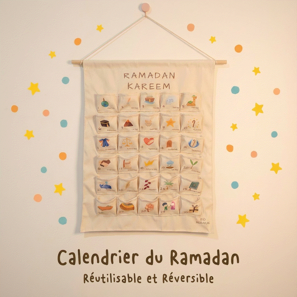 Calendrier du Ramadan réutilisable avec 25 poches illustrées et décoration Eid Mubarak