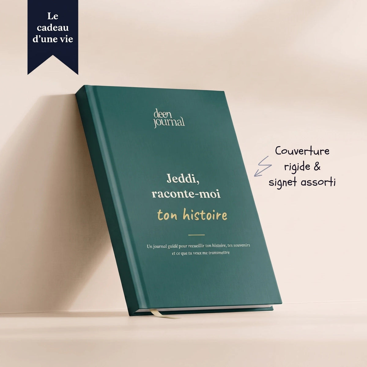 Journal Jeddi, raconte-moi ton histoire, couverture rigide vert profond avec signet assorti