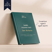 Journal Jeddi, raconte-moi ton histoire, couverture rigide vert profond avec signet assorti