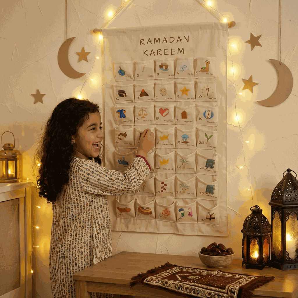 Calendrier du Ramadan mural avec pochettes illustrées et guirlandes lumineuses