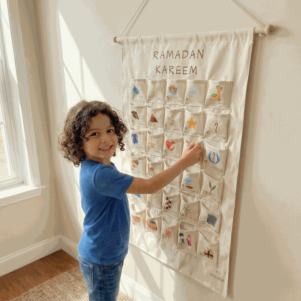 Calendrier du ramadan mural en tissu avec poches illustrées pour le rituel quotidien parent enfant