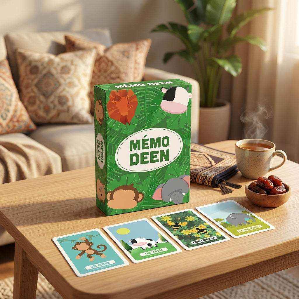 Jeu Mémo Deen animaux du Coran avec illustrations colorées et cartes sourates versets
