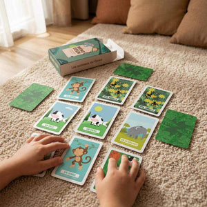 Jeu Mémo Deen avec animaux du Coran pour enfants, illustrations colorées, cartes liées à sourates et versets